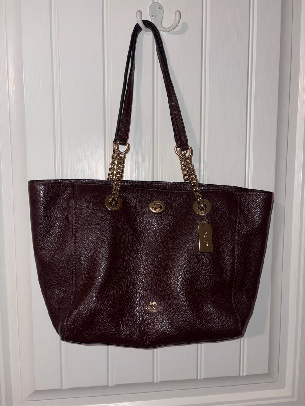 Coach Pebbled Leather Tote in Deep Brown with Gold Hardware